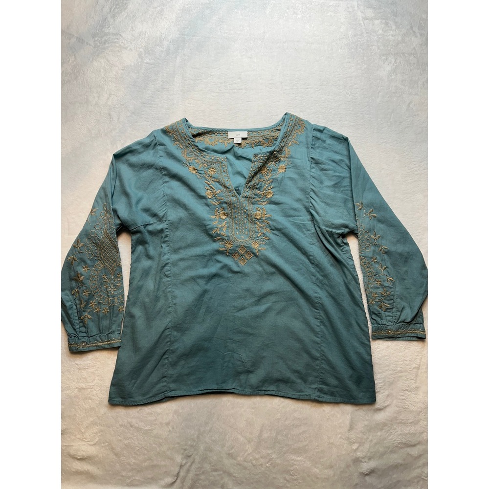 J. Jill Embroidered Cotton Tunic Top Teal Blue Gold Boho Blouse Small -216